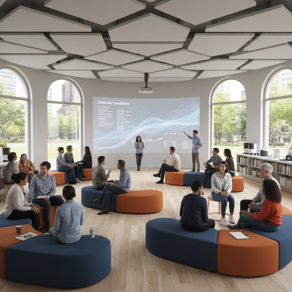 Community gathering space in a micro-museum, fostering interaction.