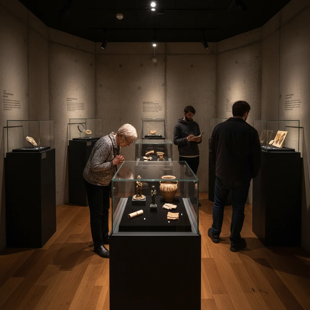 Intimate interior of a micro-museum exhibit with curated artifacts.