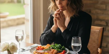 Person practicing mindful eating with a healthy meal