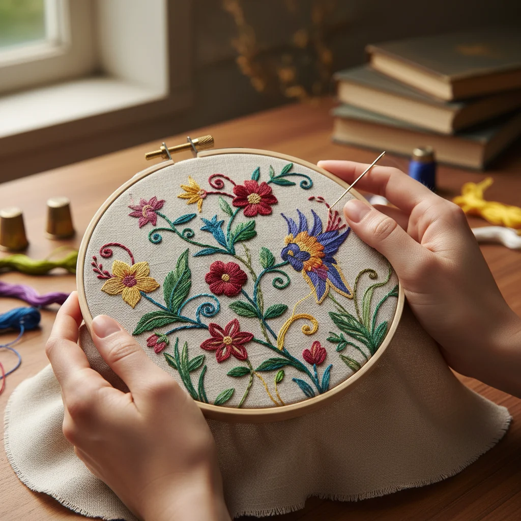 Close-up of hands doing intricate embroidery, highlighting mindful making and traditional craft revival.
