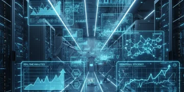 Futuristic data center with glowing blue server racks, representing efficient MLOps for faster data analysis.
