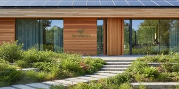 Modern eco-friendly home with solar panels and natural landscaping