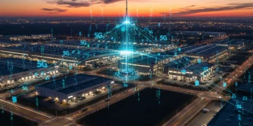 Modern industrial park with 5G network overlay, symbolizing advanced connectivity and digital transformation.