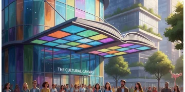 Modern micro-museum exterior with diverse visitors, symbolizing new cultural hubs.