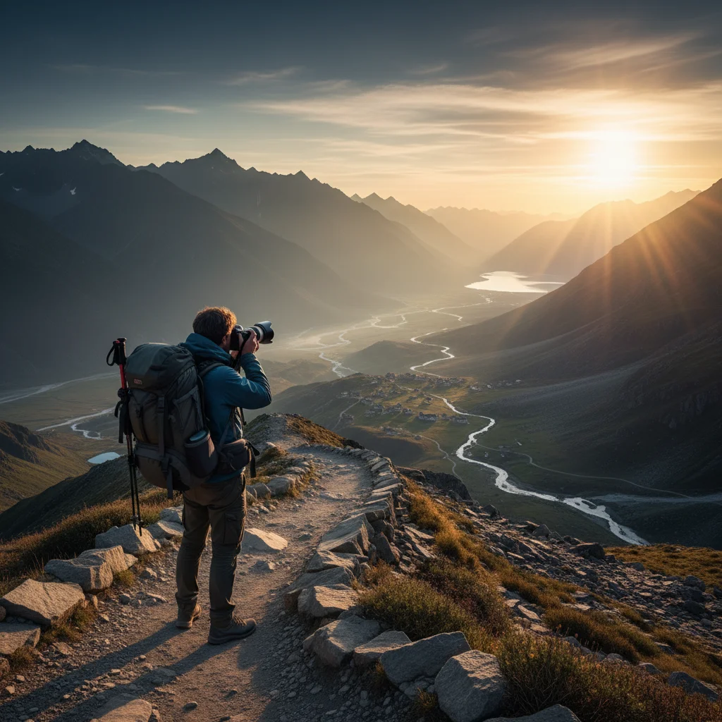 Solo traveler hiking mountain at sunrise