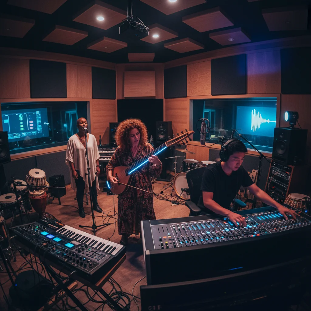 Diverse musicians collaborating in a modern recording studio with various instruments