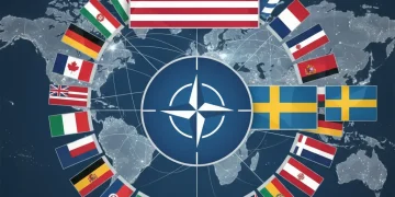 NATO emblem surrounded by flags, U.S. flag prominent, two new member flags, global map background