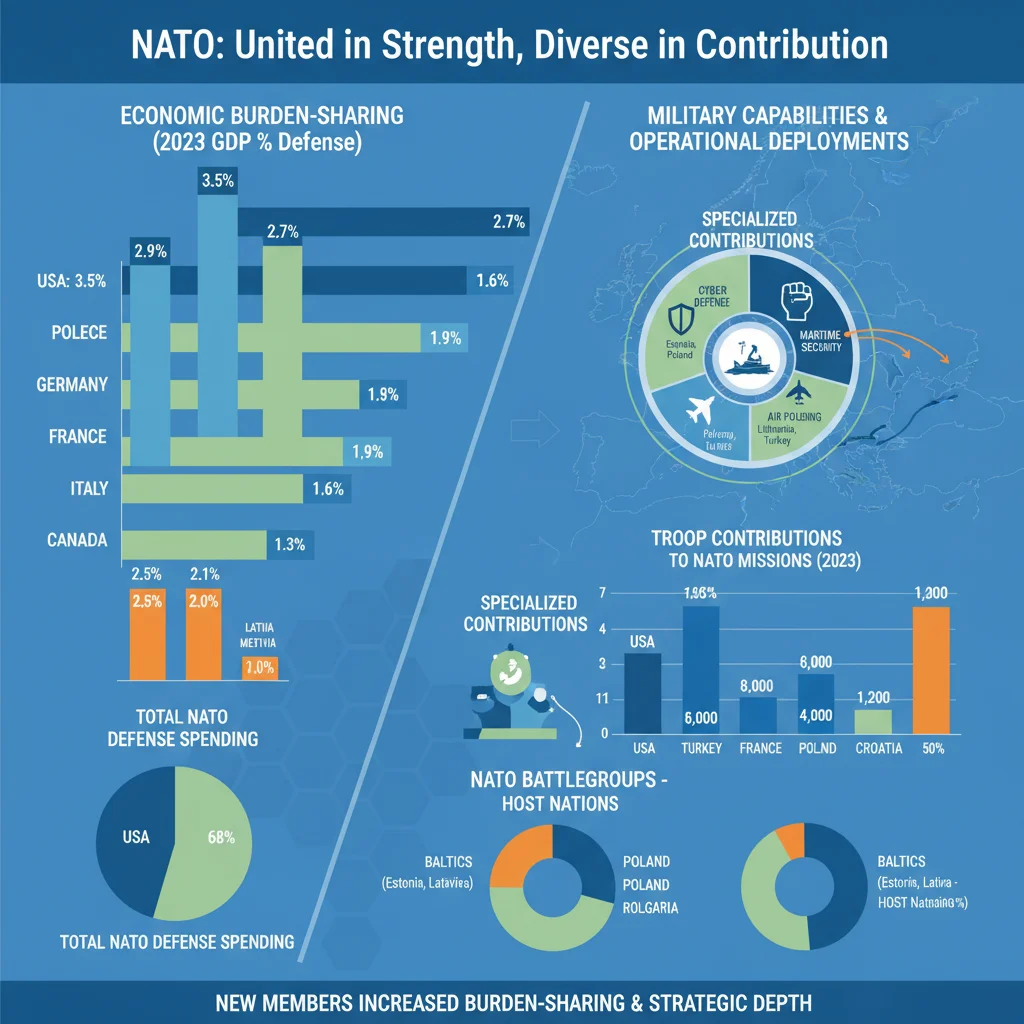 Infographic of NATO member contributions, defense spending, military capabilities