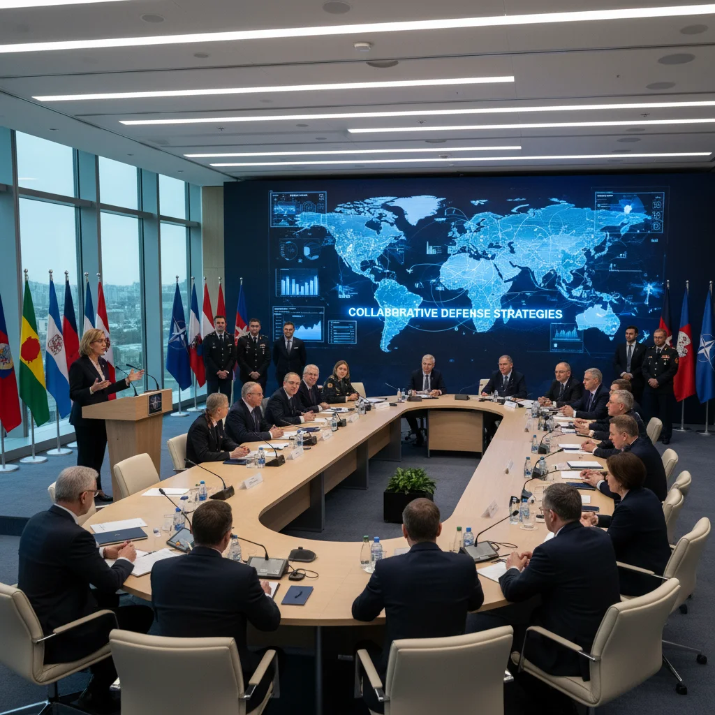 NATO officials in conference, U.S. Secretary of State speaking, geopolitical maps