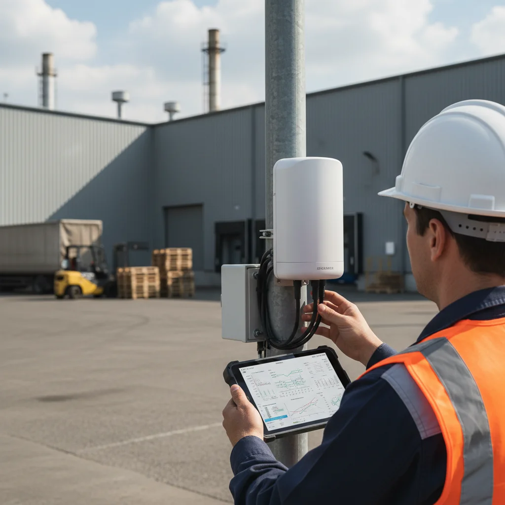 Network engineer configuring 5G small cell in industrial park, optimizing connectivity.