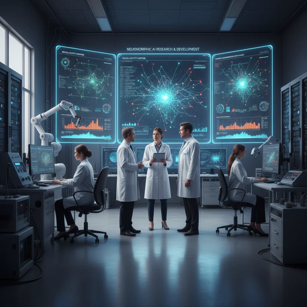 Researchers analyzing data from neuromorphic AI systems in a laboratory setting, focusing on energy efficiency.