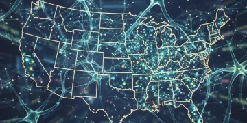 Stylized neural network representing neuromorphic computing advancements in the U.S. by 2026, emphasizing energy efficiency.