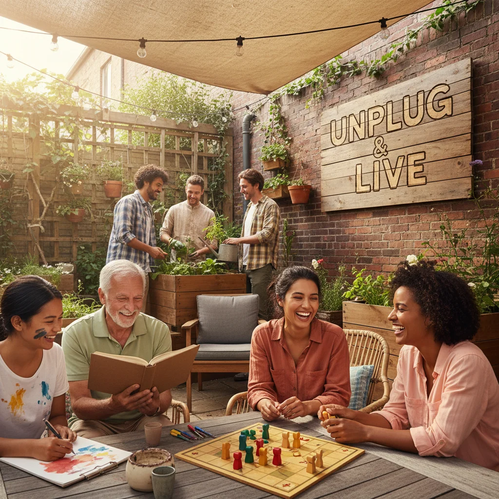 People enjoying hobbies and social interaction without digital devices.