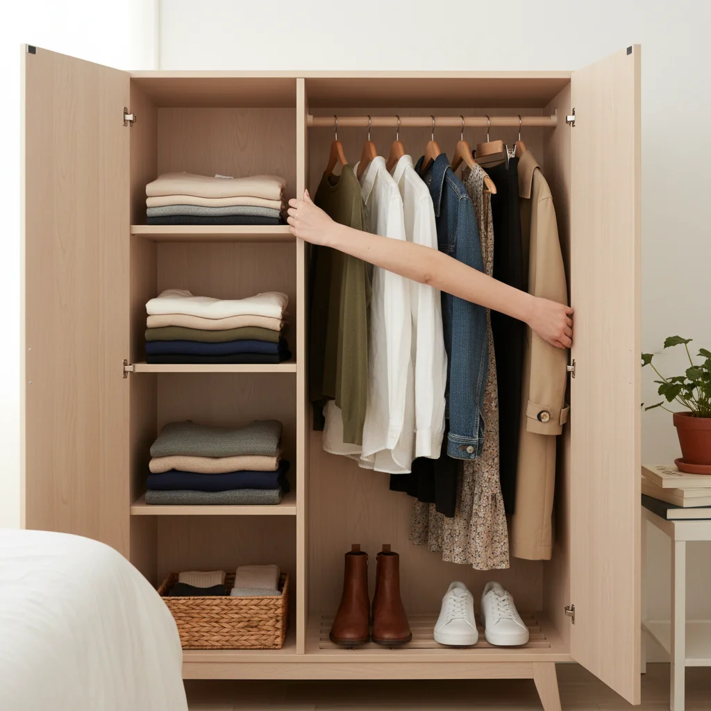 Hands organizing a minimalist wardrobe with essential, versatile clothing items.