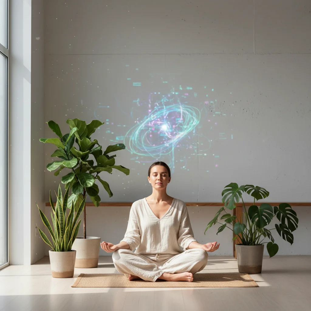Person meditating peacefully in a bright, calm room, practicing mindfulness.