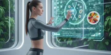 Futuristic personalized nutrition interface showing DNA, microbiome, and lifestyle data for tailored diet plans.