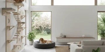 Modern pet-centric living room with integrated cat climbing wall and comfortable dog bed, promoting feline and canine well-being.