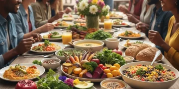 Colorful plant-based meal with fresh fruits, vegetables, grains, and legumes on a wooden table, representing healthy vegan eating.
