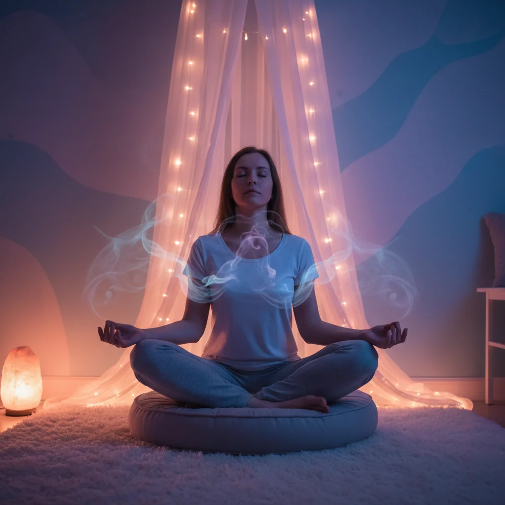 Person meditating to relax before sleep, promoting better rest.