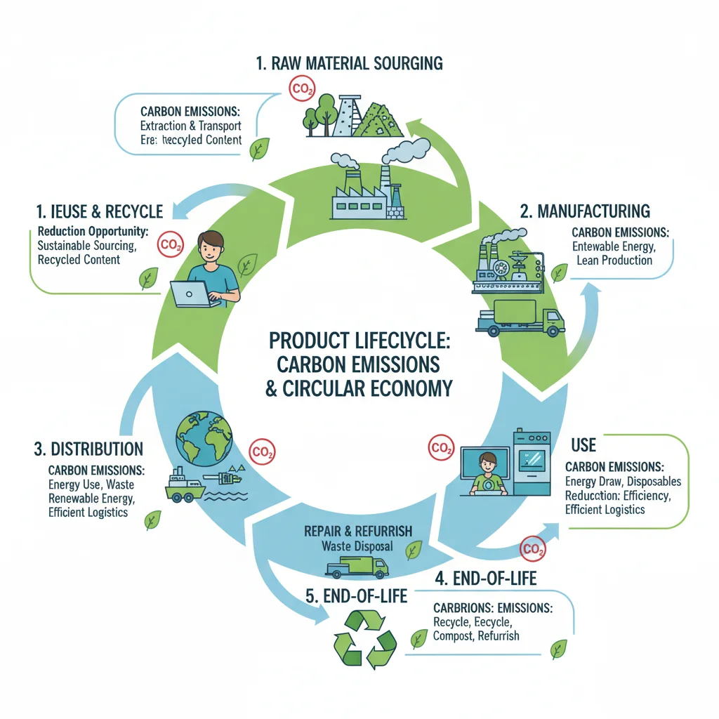 Infographic illustrating product lifecycle emissions and circular economy principles.
