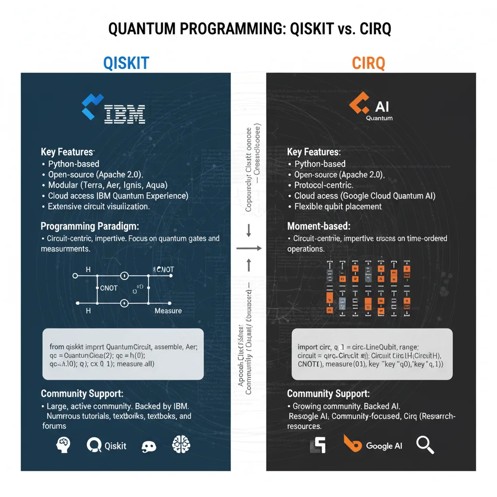 Infographic comparing Qiskit and Cirq features for quantum programming.