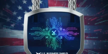 Futuristic digital padlock with quantum symbols, securing data for U.S. businesses.