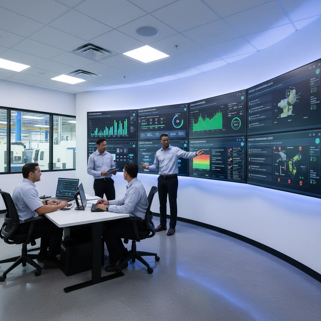 Manufacturing control room displaying real-time IoT data dashboards for operational optimization.