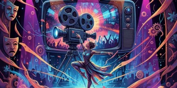 Dynamic illustration of a stage morphing into a film set, symbolizing regional theater's mainstream success.
