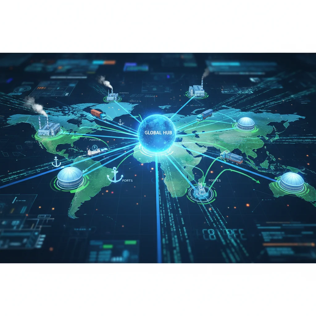 Visual representation of a resilient global supply chain network with interconnected nodes and optimized logistics for international trade.