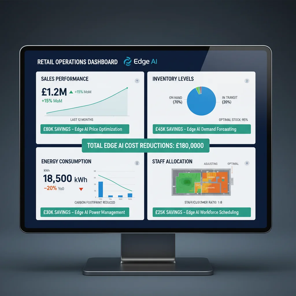 Retail analytics dashboard showing cost savings and optimized KPIs driven by Edge AI implementation.