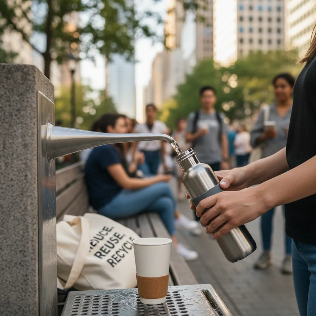 Refilling reusable water bottle, promoting sustainable hydration and reducing plastic waste.