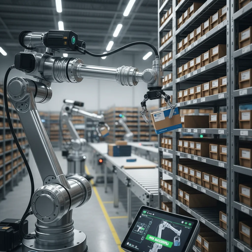 Robotic arm performing precise item picking in automated warehouse