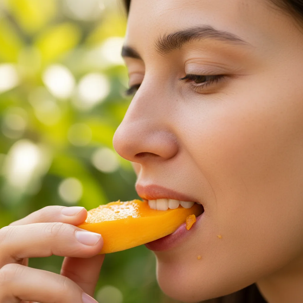 Person slowly chewing and savoring food mindfully