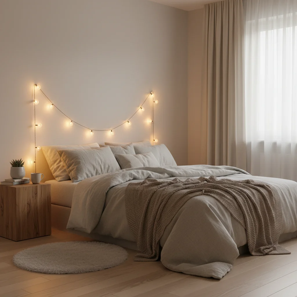 Serene bedroom with soft bedding and string lights for a Hygge atmosphere