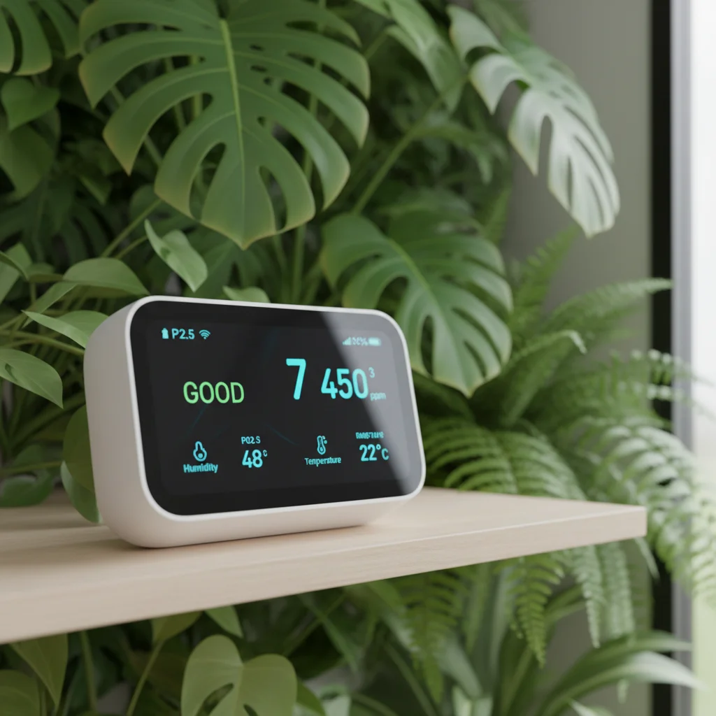 Smart air quality monitor showing environmental data in a healthy home setting.