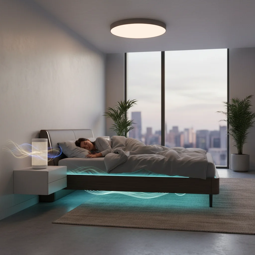 Smart bed and sleep system optimizing rest and wake-up experience.
