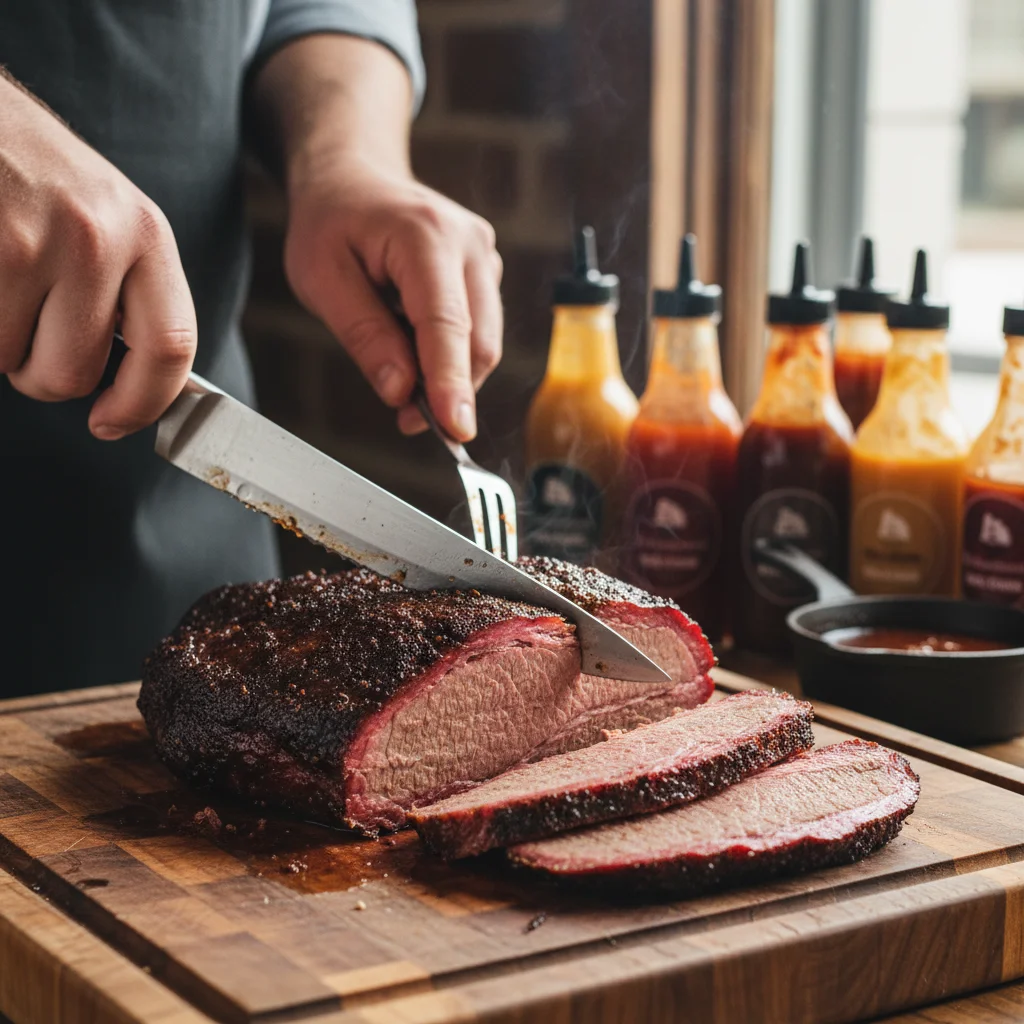Expertly sliced smoked brisket, highlighting traditional American barbecue techniques