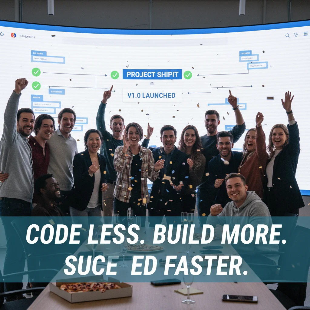 Startup team celebrating successful product launch with low-code