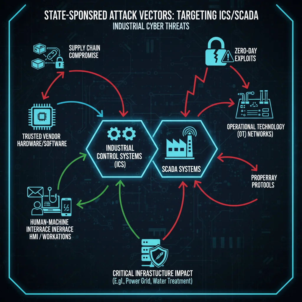 Graphic illustrating state-sponsored cyber attack vectors targeting industrial control systems.