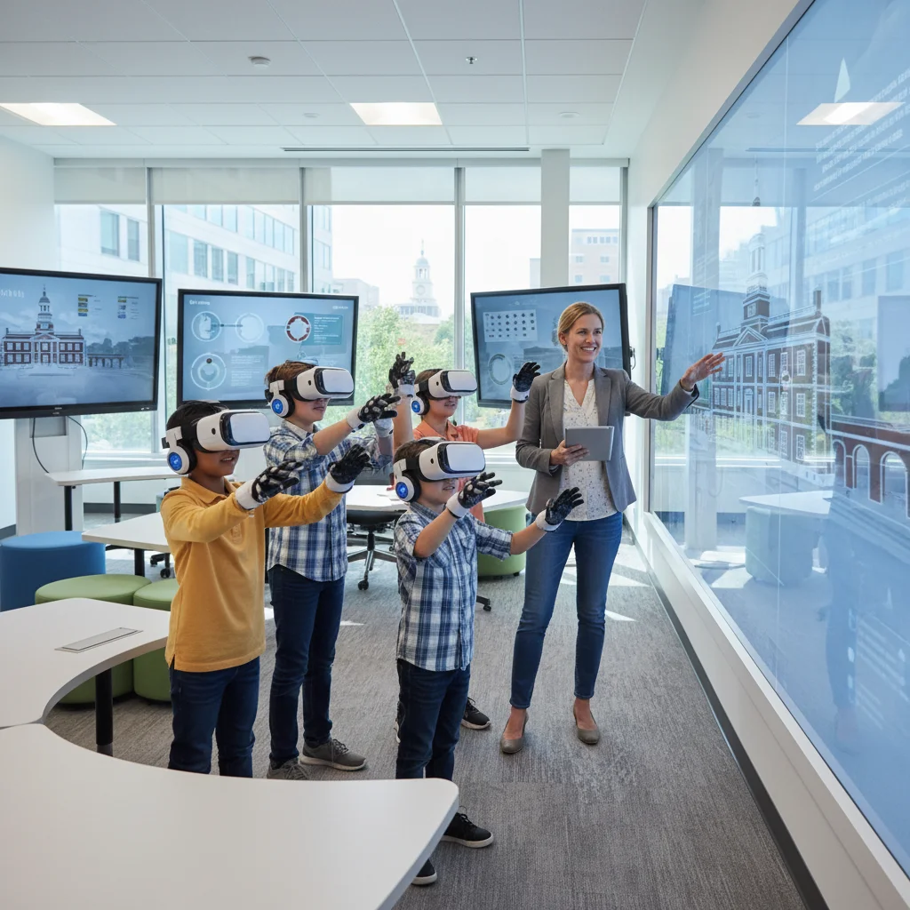 Students experiencing virtual reality historical landmark tour
