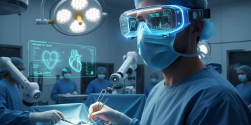 Surgeon using augmented reality glasses in an operating room for enhanced surgical precision.