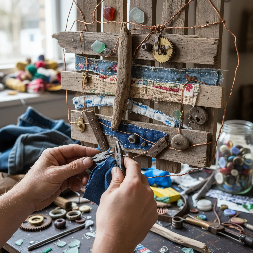 Hands crafting art from recycled materials, highlighting sustainable design.