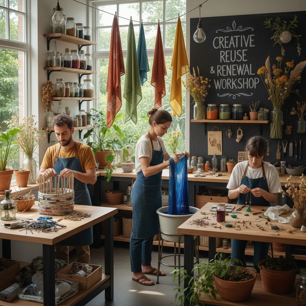 People in a modern workshop engaged in sustainable crafting, dyeing fabric, weaving baskets, and making upcycled jewelry.