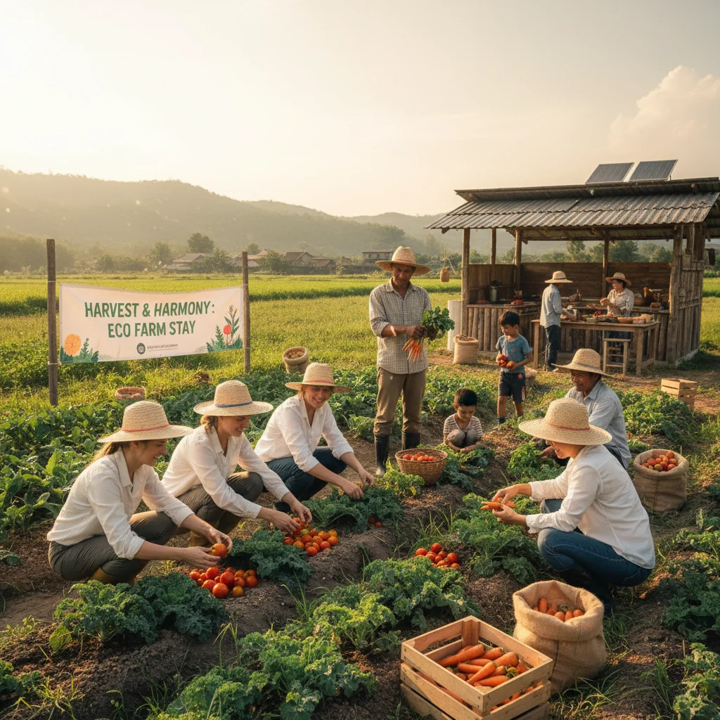 Tourists engaging in sustainable farming with locals, eco-tourism