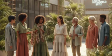 Diverse people wearing sustainable fashion in an urban green space, symbolizing future trends.