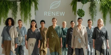 Models showcasing modern sustainable fashion in a bright, eco-friendly setting.
