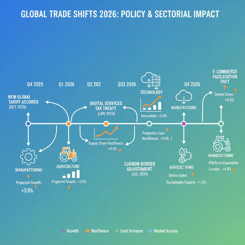 Infographic detailing a timeline of key international trade policy changes affecting 2026 and their impact on various US business sectors.
