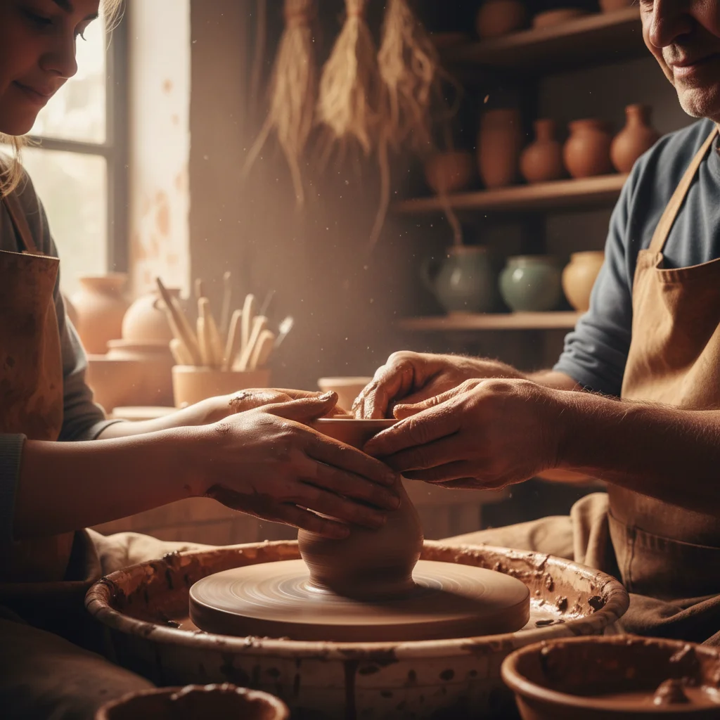 Hands learning traditional craft workshop