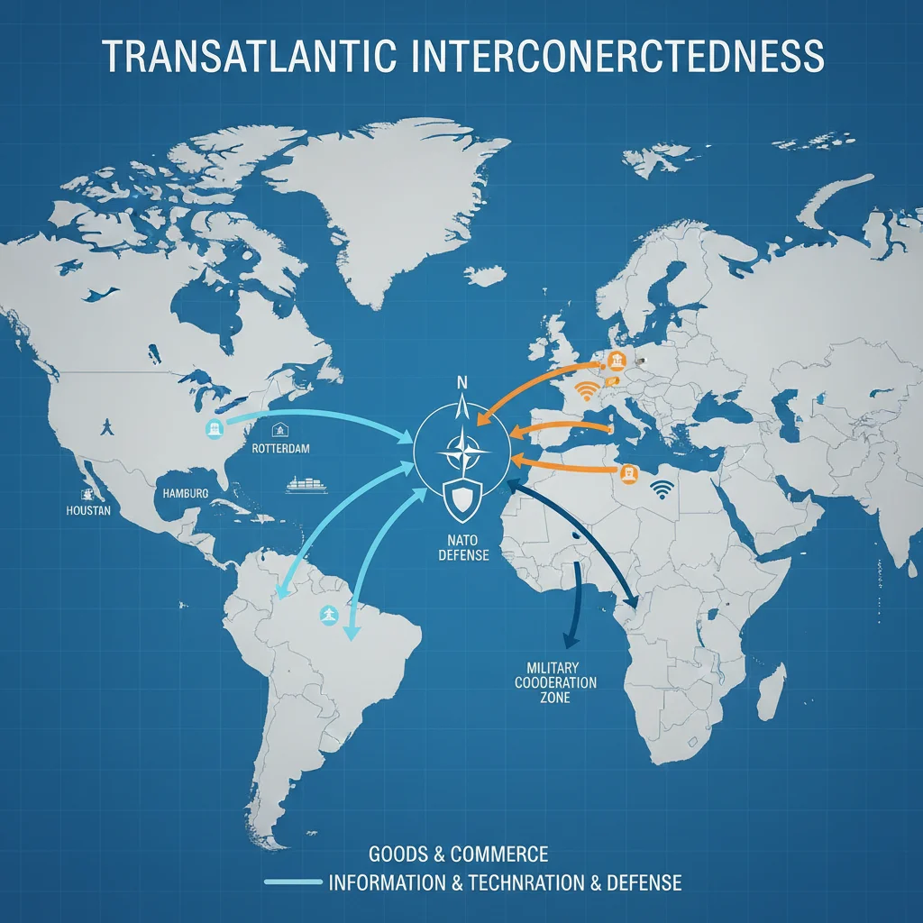 Transatlantic map showing economic and defense cooperation between the US and Europe.