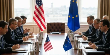 Diplomatic leaders at a summit table discussing US foreign policy shifts and transatlantic relations.